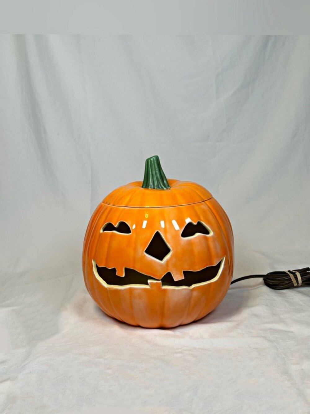 Vintage 70s Handmade Lighted Ceramic 10.5 Pumpkin Jack-O-Lantern Halloween Decor